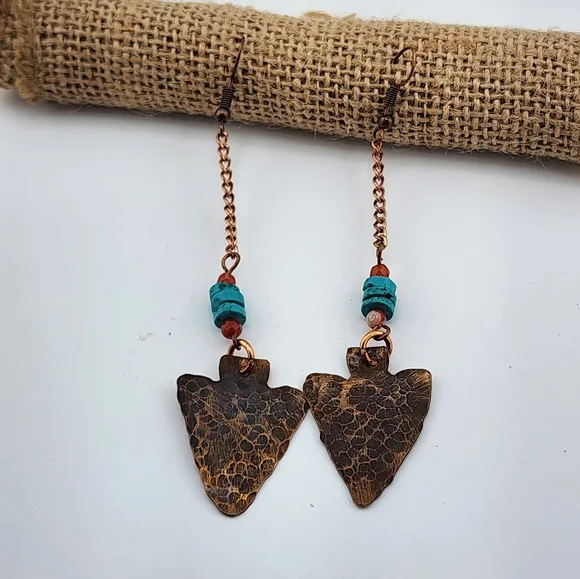 TURQUOISE & CARNELIAN HANDMADE EARRINGS BOHEMIAN CHIC STYLE 2.5" - Picture 3 of 6
